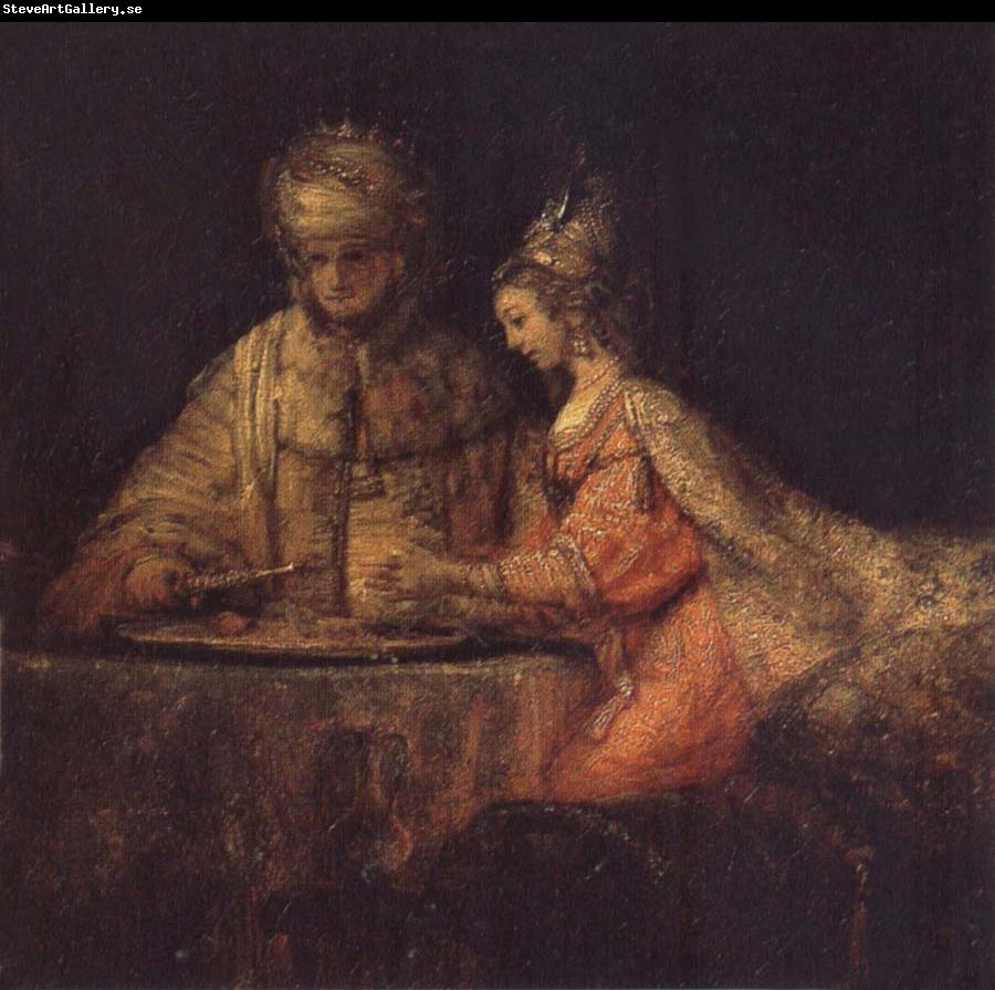 REMBRANDT Harmenszoon van Rijn Haman,Esther and Ahasuerus